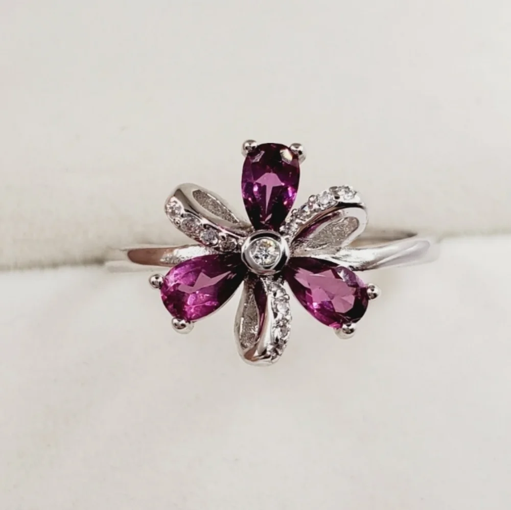 Natural Purple Garnet Flower 925 Sterling Silver Ring